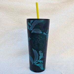 Starbucks Blue and Green Floral Steel Tumbler 24oz